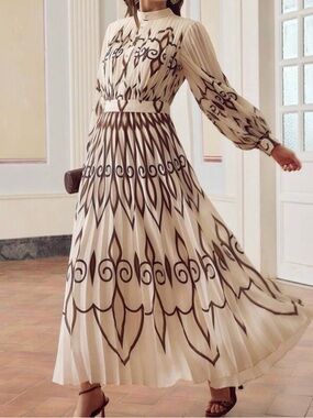 Cream and Brown Pleated Maxi Dress with Graphic Print